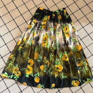Zara Black Pleated Midi Skirt with Yellow Floral Print Size XS